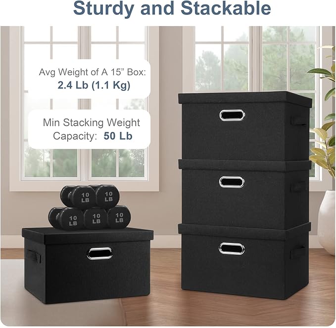Graciadeco Medium 15" 21 Quart Collapsible Stackable Storage Bins with Lids, 3 Packs Black Foldable Fabric Closet Boxes Heavy-duty Lidded Linen Cube Basket Container Organizer and Storage for Bedroom | 21 Quart 3 Pack Black Collapsible Stackable Linen ...
