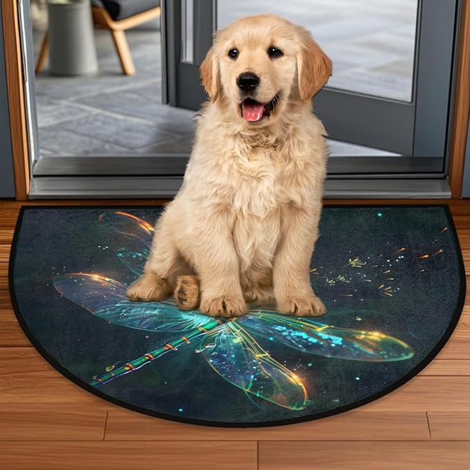 Dragonfly Animal Half Round Door Mat Semi Circle Rug Half Moon Doormat | Dragonfly Green Soft Washable Welcome Entrance Mat for Outdoor Indoor Floor Bedroom Bathroom Home Kitchen Festival Decor