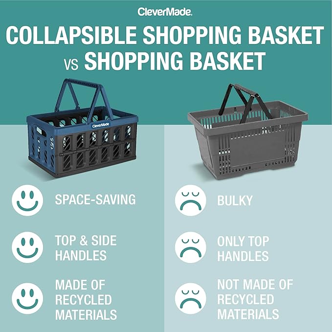 CleverMade Collapsible Shopping Basket, 24L, 3 Pack, Stone | Rigid walls protect groceries and supplies. Each basket carries 25 lb, stacks securely, and folds to 2.25 inches.