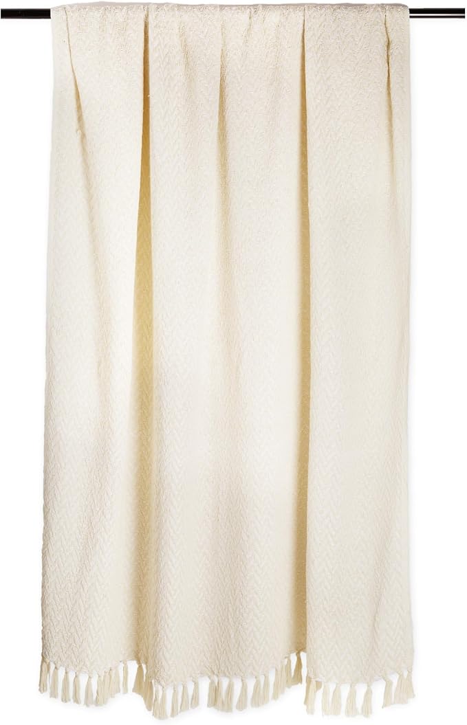 DII Modern Zig Zag Throw Blanket Woven Cotton, Hand-Knotted 2.5" Fringe, 50x60, Natural