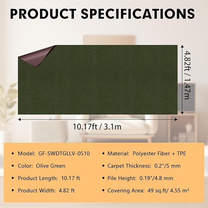 Grefinity Marine Carpet,5 FT x 10 FT Olive Green Indoor Outdoor Carpet 0.2" Thick Boat Rug with Water-Proof TPE Backing for Home, Patio, Porch, Deck