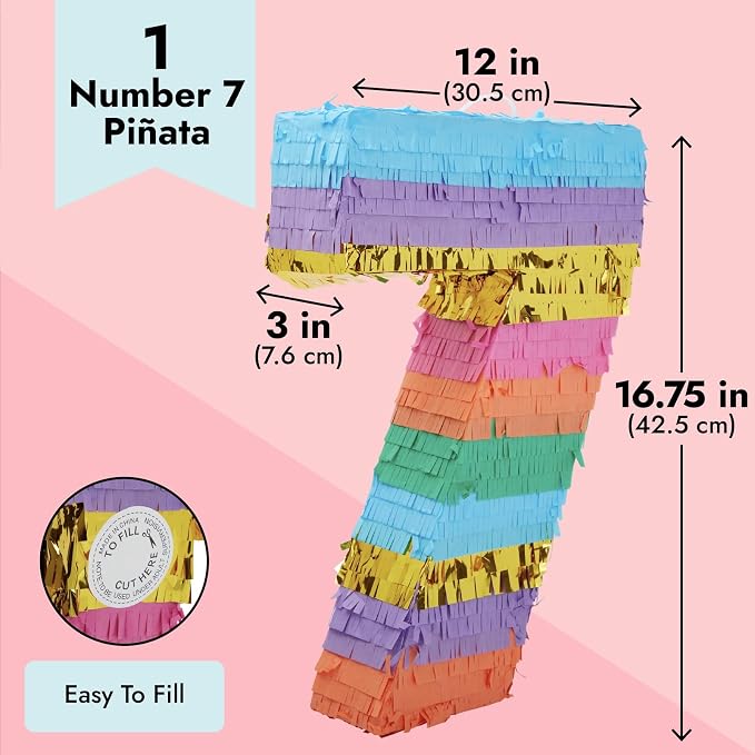 BLUE PANDA Rainbow Pinata 7 for Birthday Party Decoration - 12 x 16.75 x 3 In, Multicolored - Party Pinata for Girls & Boys Age 7