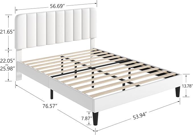VECELO Full Size Bed Frame with Upholstered Headboard, Velvet Platform Bedframe Mattress Foundation, Strong Wood Slat Support, No Box Spring Needed,White