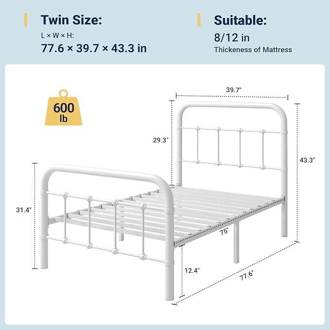 Allewie Twin Metal Bed Frame with Victorian Iron-Art Headboard, White | Victorian Style Wrought Iron-Art Headboard/Footboard, Easy Assembly, Under Bed Storage, No Box Spring Required