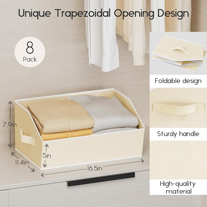 Homsorout Large Closet Organizers and Storage Bins - 10 Pack Trapezoid Storage Baskets for Shelves, Foldable Fabric Basket with Handles Ideal for Closet, Basket, Wardrobe and Shelf Storage, Beige
