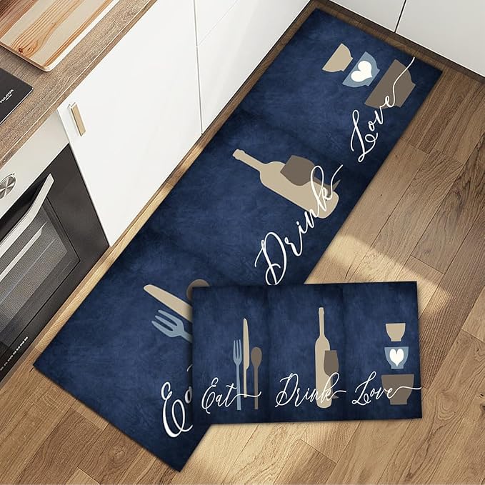 GUBIYU Set of 2 Dark Blue Area Rugs - Non Skid, Washable, Perfect for Dining Room, Kitchen, Bathroom, Farmhouse Decor