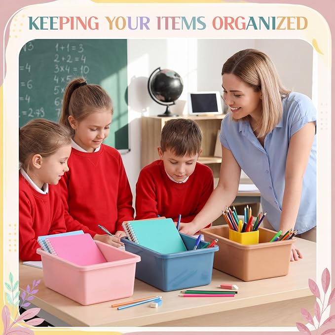 Thyle 6 Pieces Plastic Cubby Bins with Labels Classroom Book Bins Stackable Storage Container Durable Toy Storage Organizer Baskets for School Classroom Office (Classic,Morandi Color1)