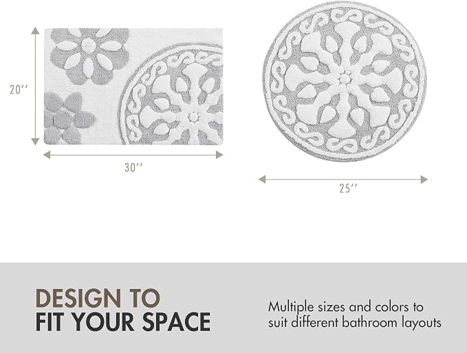 Madison Park Casablanca 100% Cotton Tufted Bathroom Rugs Luxurious Plush Medallion Floral Pattern Bath Mat Absorbent, Quick Dry, Spa Design Shower Room Décor, Rectangle 25" R, Grey