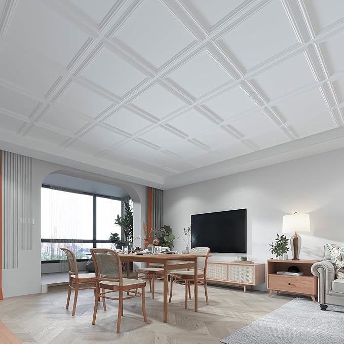 Art3d 12-Pack Drop Relief Ceiling Tiles for Home, Office & Commercial Space, 24 x 24in PVC Waterproof 3D Wall Panels Cover 48 Sq. Ft, White