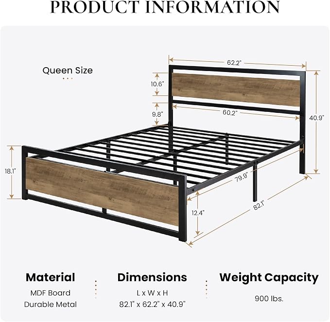 SHA CERLIN Heavy Duty Queen Size Bed Frame with Modern Headboard, Brown | Platform Metal Base with Square Footboard and 13 Strong Slats Support, No Box Spring Needed