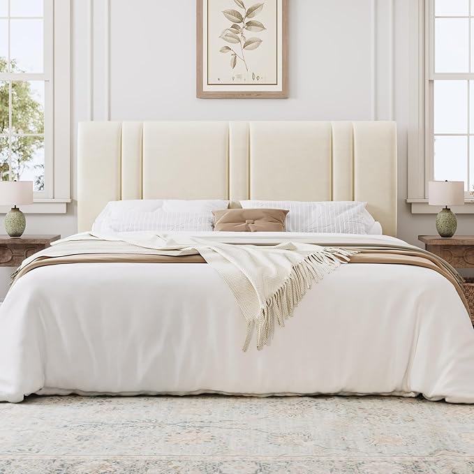 SHA CERLIN California King Bed Frame, Velvet Upholstered Bed with Adjustable Headboard, Vertical Channel Tufted Design, Sturdy Wood Slat Support, No Box Spring Needed, Easy Assembly, Cream