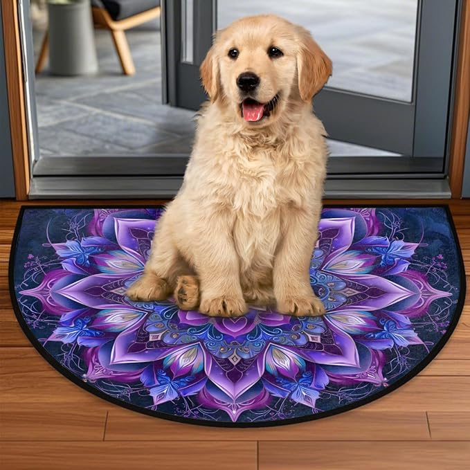 Pardick Purple Mandala Half Round Doormat Semi Circle Rug Non Slip Indoor Outdoor Entrance Half Moon Rug Absorbent Durable Washable Front Floor Mat for Kitchen Bathroom Patio Fireplace