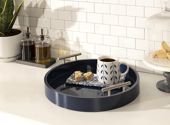 Kate And Laurel Lipton Modern Round Tray; 15.5 Diameter; Navy and Silver; Decorative Accent Tray for Storage and Display