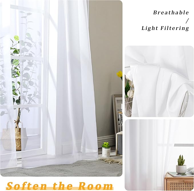 Gwine Sheer White Curtains 96 Inches Long 2 Panels Set, Light Filtering Voile - Image 3