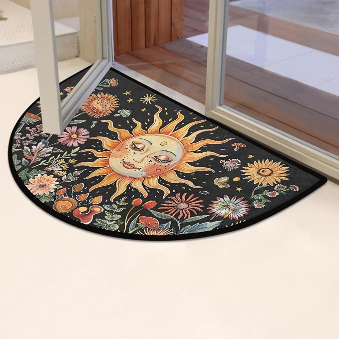 Sun Flowers Half Round Door Mat Non Slip Half Circle Rugs | Colorful Face Washable Half Moon Rug Semi Circle Rugs Indoor Entrance Floor Carpet for Kithen Bedroom Fireplace Decor