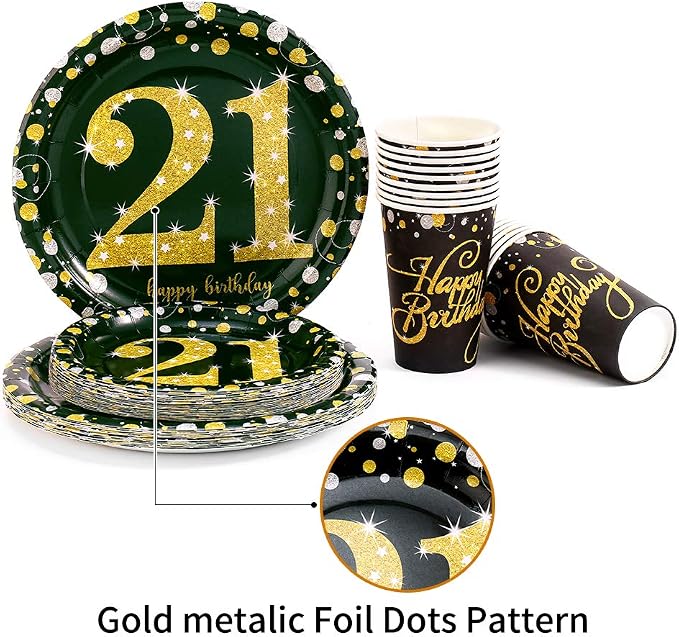 21st Birthday Party Supplies Set-16 Guests-Black And Gold Disposable Tableware kit, 21 Years Birthday Decorations, Include Paper Plates, 12oz Cups Napkins Banners Tablecloth Straws Cutlery…