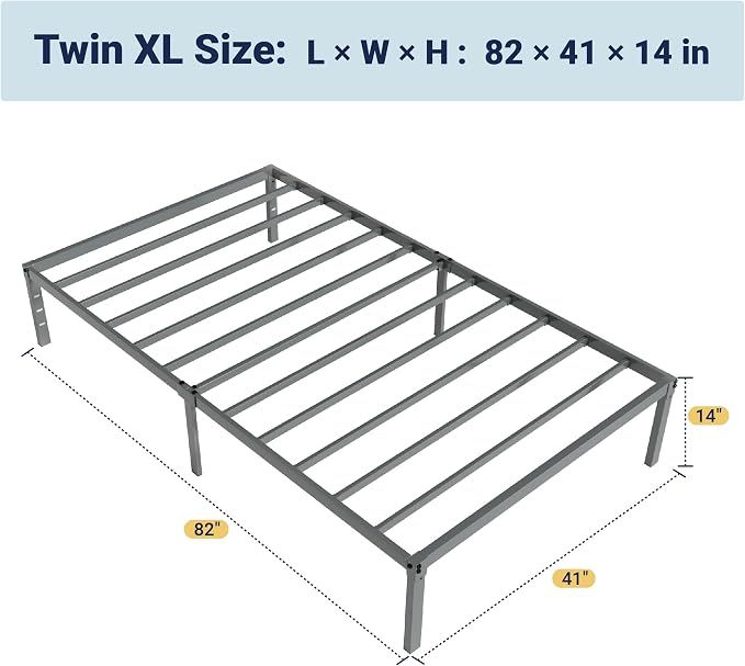 Allewie Twin XL Bed Frame, 14 inch Metal Beds with Storage Space, Grey | Heavy-Duty Metal Platform Beds, Large Under-Bed Storage Space, No Box Spring Needed, Easy Assembly