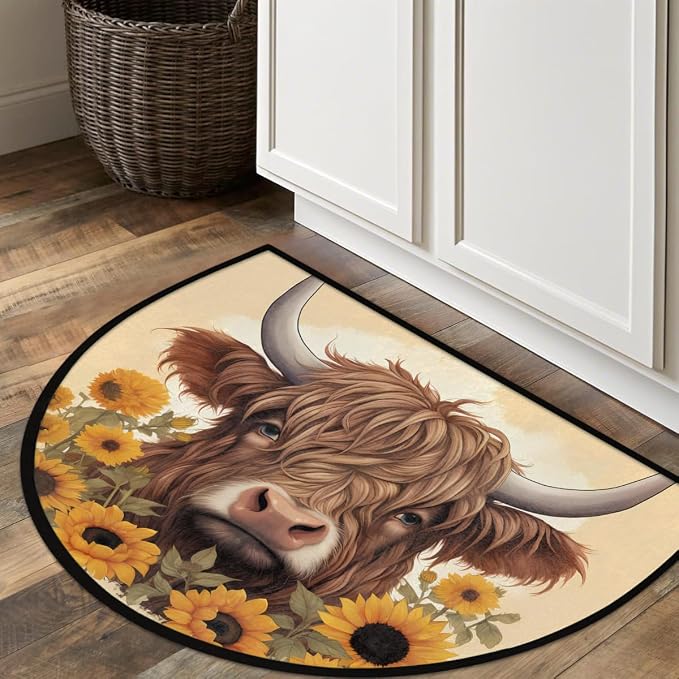 Half Round Door Mat Animal Highland Cow Sunflower Non-Slip Semi Circle Area Rug Washable Half Moon Hearth Rugs for Indoor Outdoor Bathroom Kitchen Patio Runner Mat Laundry Room Home Decoration