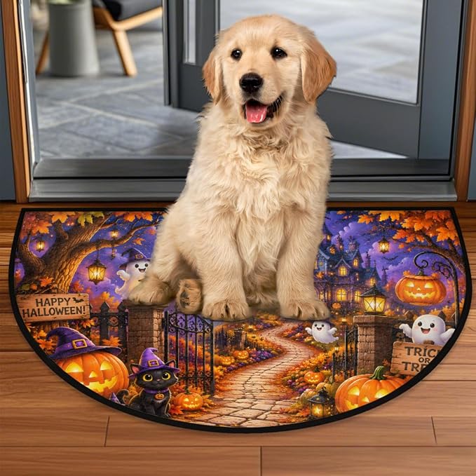 Halloween Half Round Door Mat Welcome Entrance Mat Bath Bathroom Rug B2 | Halloween Ghosts Welcome Entrance Mat Anti-Slip Half Moon Bath Mat Semi Circle Rug Indoor Outdoor Kitchen Rug