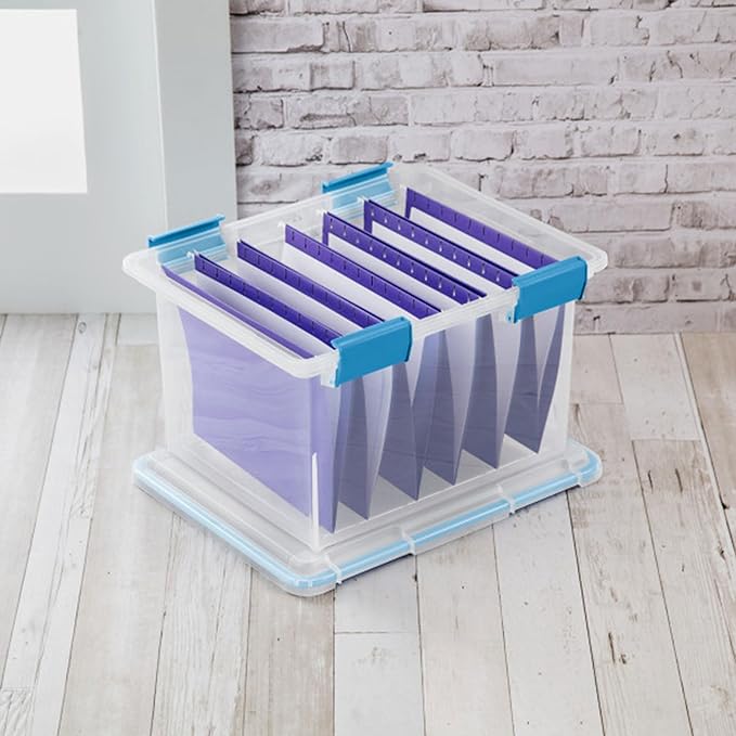 Sterilite Gasket Storage Box with Lids for Home & Office, 32 Quart, 16-Pack | Heavy-Duty, Stackable, and Organizing Containers for Bathroom, Cabinet, Closet, and Garage, Clear and Blue Aquarium Latches