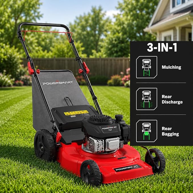 PowerSmart 21-Inch Gas Self-Propelled Lawn Mower | 170cc OHV Engine, Reinforced Steel Deck, 3-in-1 Bagging/Mulching/Rear Discharge, 6 Cutting Heights (1.5"–3.9")