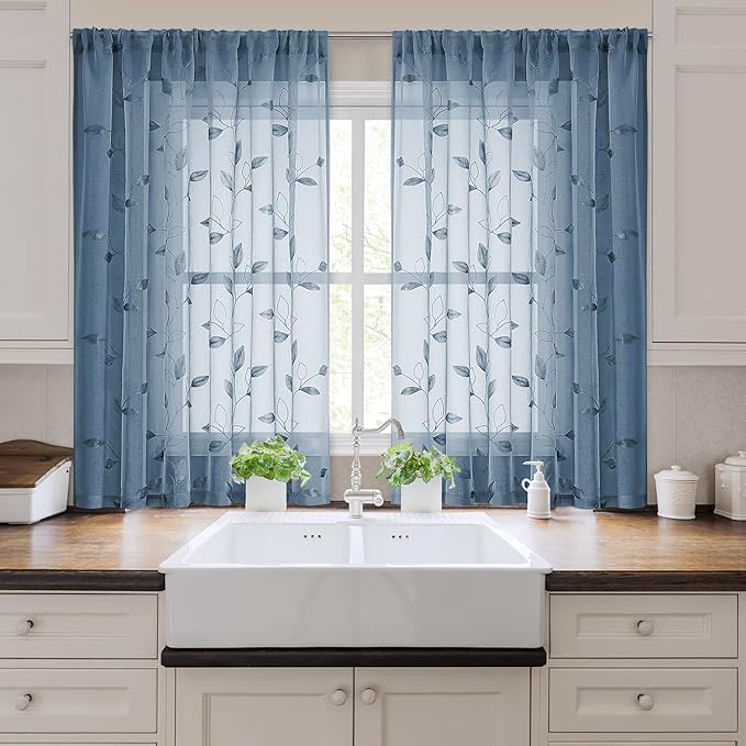 HOMEIDEAS Stone Blue Sheer Kitchen Curtains 52 x 54 Inch Length 2 Panels - Image 6