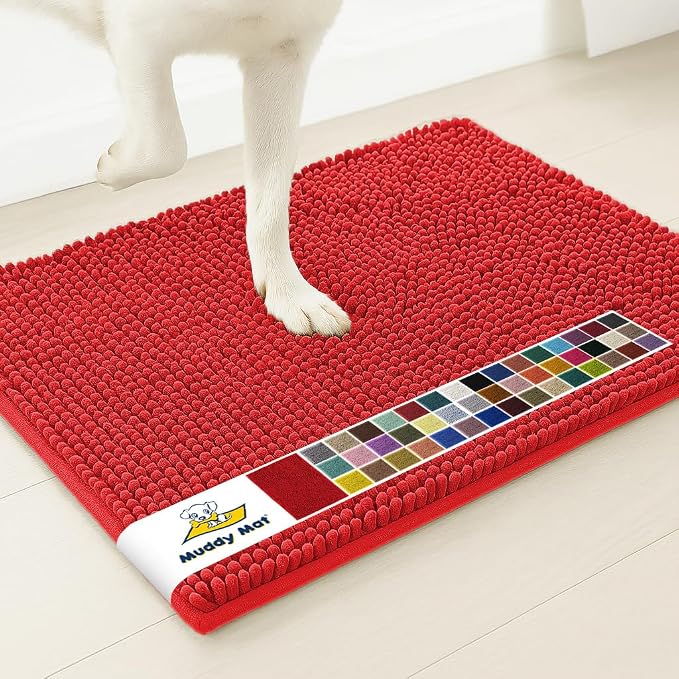 Muddy Mat® | Super Water Absorbent Door Mat Indoor, Microfiber Quick Dry Chenille Entryway Rug, Slip Resistant Front Door Mat, Indoor Mats for Entryway, Machine Washable Pet Rug, Red 32" x 70"