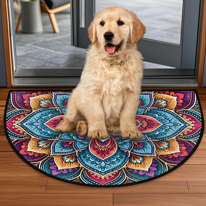 Flower Half Round Door Mat Semi Circle Rug Half Moon Doormat | Soft Washable Colorful Boho Welcome Entrance Mat for Outdoor Indoor Floor Bedroom Bathroom Home Kitchen Festival Decor