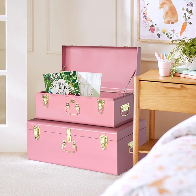Vixdonos Decorative Large Metal Box Storage Trunk Chest Set of 2 College Dorm Organizer with Hardware Hasps and Handle for Home Deocr,23.7X14.2X9.5 Inches,Deep Pink