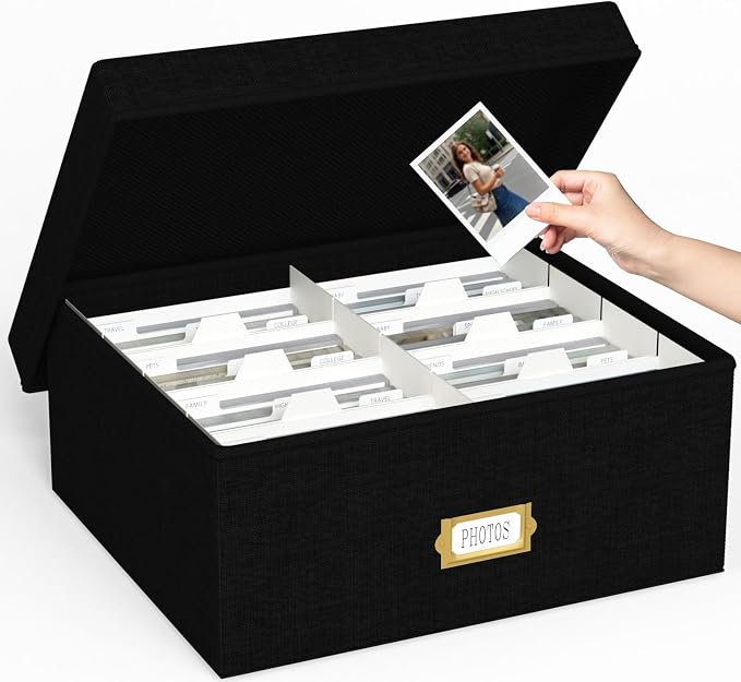 Decorative Photo Storage Box, Linen Photo Box Holds 1700 4x6 Pictures Black | Photo Storage Containers with 8 Dividers, Memory Keepsake Organizer for Photos, Scrapbook Supplies, Cards, Stamps,Archive Box
