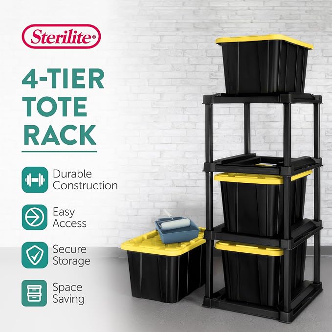 Sterilite 4-Tier Tote Rack with 4-Pack 27 Gallon Industrial Storage Totes | Shelving Unit and Heavy-Duty and Stackable Utility Box Containers for Home, Office, and Basement Organization, Black/Yellow
