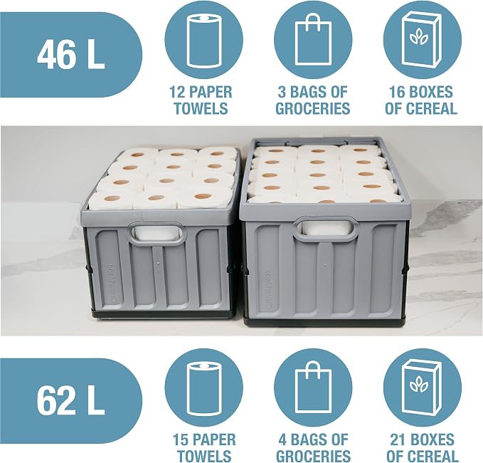 CleverMade Collapsible Storage Bins with Lids, 46L, 3 Pack, Obsidian | Each bin supports 75 lb and stacks with or without its lid. The lid stores underneath, and the crate folds to 2.5 inches.