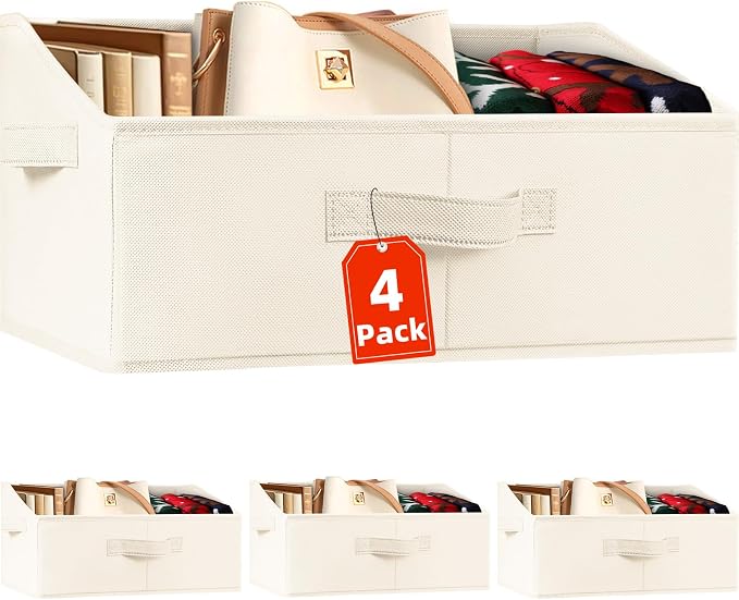 Criusia Closet Organizers Bins 4 Pack - Large Closet Shelf Organizer with Handles - Fabric Trapezoid Home Organization and Storage Baskets for Organizing Clothes Toy Blanket Towel Purse Hats