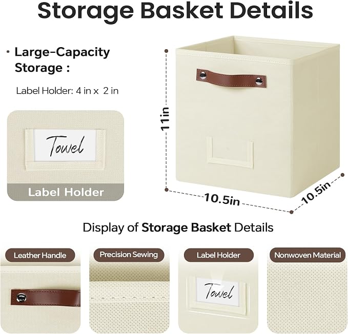 FinishingBo 10.5" x 11" Storage Bins with Labels 6 Pack | PU Leather Handles, Foldable Storage Cubes, Storage Baskets, Closet Storage, Beige