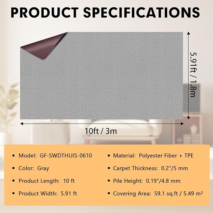 Grefinity Marine Carpet,6 FT x 10 FT Gray Indoor Outdoor Carpet 0.2" Thick Boat Rug with Water-Proof TPE Backing for Home, Patio, Porch, Deck
