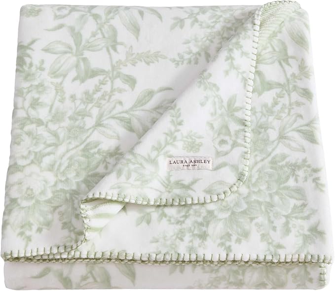 Laura Ashley - Reversible Throw Blanket, 50 x 70, Ultra Soft Plush Blanket for Blanket for Bed & Couch, Cozy Decorative Throw, Toile Delight Green