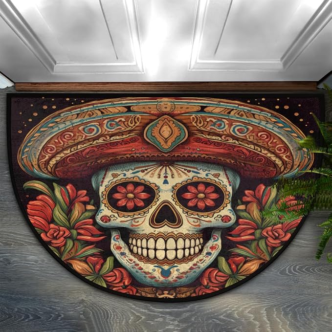 Cool Mexican Skull Half Round Door Mat, Non-Slip Entrance Welcome Mat for Indoor Semi Circle Bathroom Floor Rugs Outdoor Mats House Entry Way Heavy Duty Doormat for Kitchen Living Room 36x24 Inch