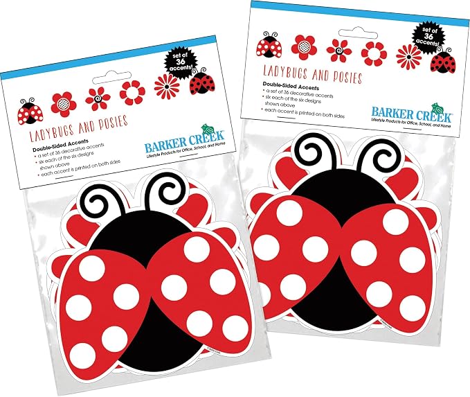 Barker Creek Double-Sided Cut-Outs 2-Pack, Ladybugs & Posies, Colorful School Accents, Bulletin Boards, Party Decorations, Office, Home Learning, Classroom Décor, 5.5 high, 72 per Set (4389)