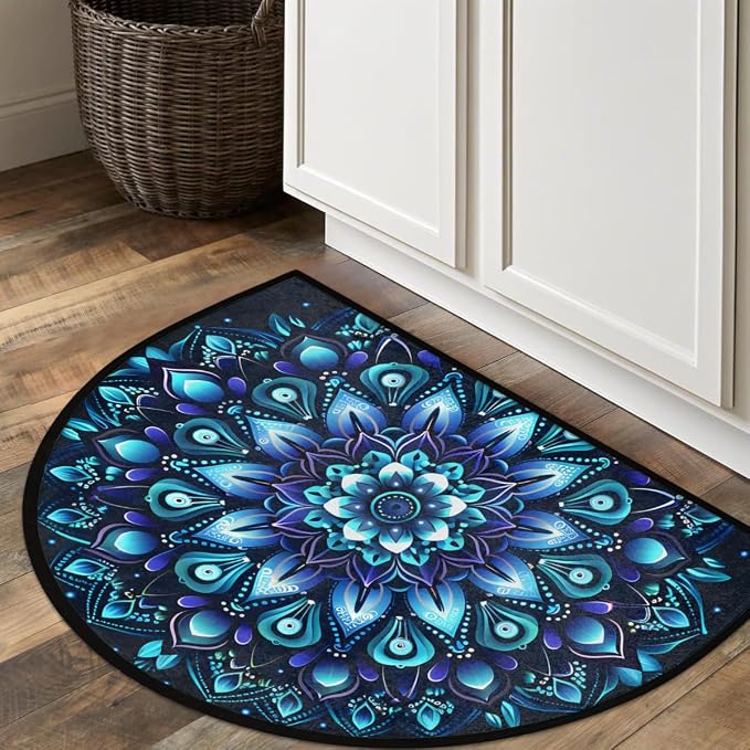 Half Round Door Mat Mandala Ethnic Flower Half Moon Rug Ethnic Mandala Washable Half Circle Area Rugs Indoor Entrance Non Slip Semi Circle Bathroom Rugs Floor Carpet for Kithen Bedroom Fireplace Decor