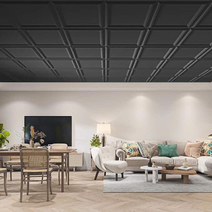 Art3d 36-Pack Drop Relief Ceiling Tiles for Home, Office & Commercial Space, 24 x 24in PVC Waterproof 3D Wall Panels, Covers 144 Sq. Ft, Multi-Pack, Square Black