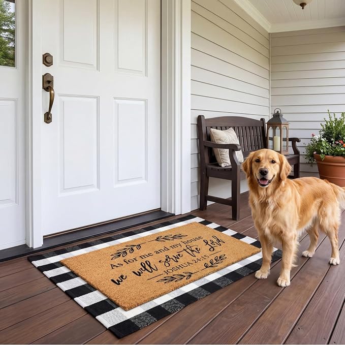 Moucuny 2 Pcs Christian Door Mat 24'' x 35'' Black and White Striped Outdoor Rug 16'' x 28'' as for Me and My House We Will Serve the Lord Non Slip Welcome Coir Mat for Front Decor