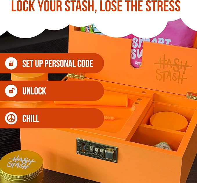 HASHSTASH The OG Storage Box - Large Bamboo Box with Combination Lock, Magnetic Lid, Organizer Tray, Airtight Tube and 3 Jars - Discreet Decorative Locking Wooden Box with Accessories (Neon Orange)