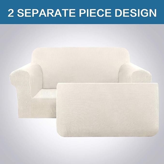 H.VERSAILTEX Stretch Sofa Covers 2 Piece for 2 Cushion Couch Covers Sofa Slipcovers Furniture Covers Suit for T Cushion/Box Cushion Feature Deluxe Textured Jacquard - Loveseat, Ivory