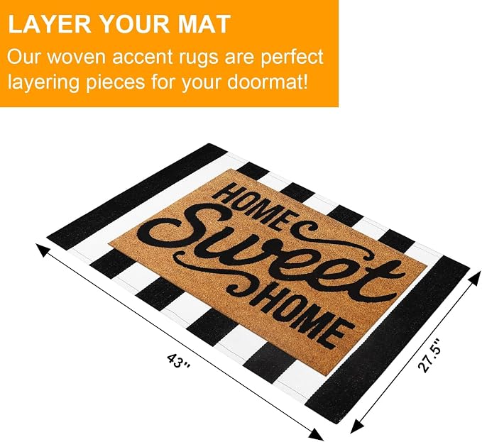 LEEVAN Black and White Outdoor Rug 2.3' x 3.6', Washable Striped Front Porch Rugs, Cotton Woven Layered Front Door Mat, Farmhouse Entryway Rug Reversible Foldable Indoor Doormat for Layered