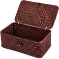 Seagrass Wicker Storage Basket with Lid, Small, Red | 9.05 x 5.11 x 3.34 Inch Box, Shelf Organizer, Rectangular Woven Bin, Small Item Storage, Decorative Color