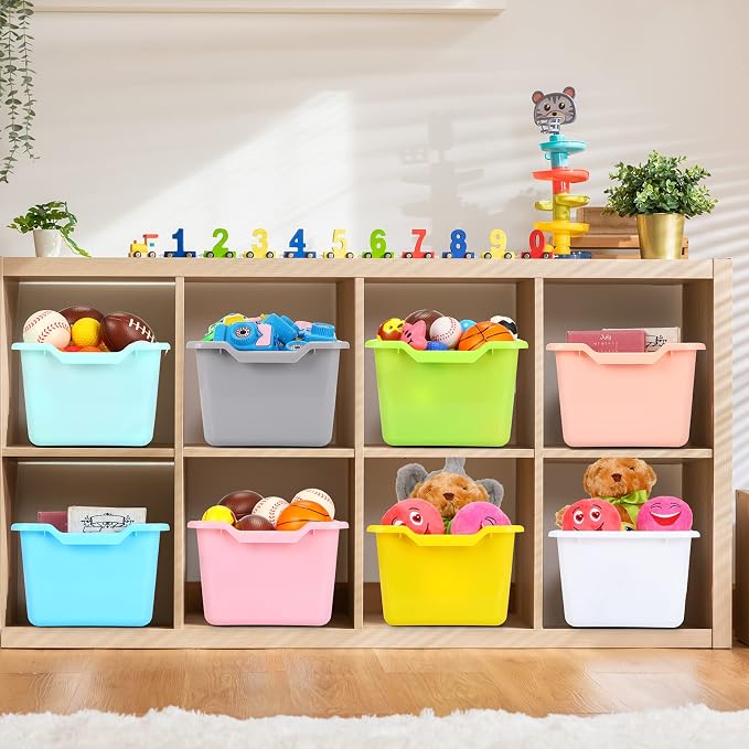 Dandat 16 Pcs Plastic Book Bins for Classroom Library Cubby Bins Scoop Front Stackable Toy Storage Tubs Containers for School Office Home Nursery Playroom Organization (Candy Color)