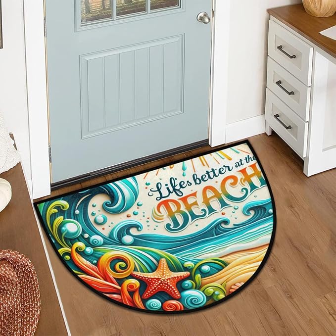 Beach Sea Summer Half Round Door Mat Non-Slip Semi Circle Rug Washable Half Moon Floor Rug Absorbent Bathroom Area Rugs for Outdoor Indoor Fireplace Mat Entryway Kitchen Decor Rugs