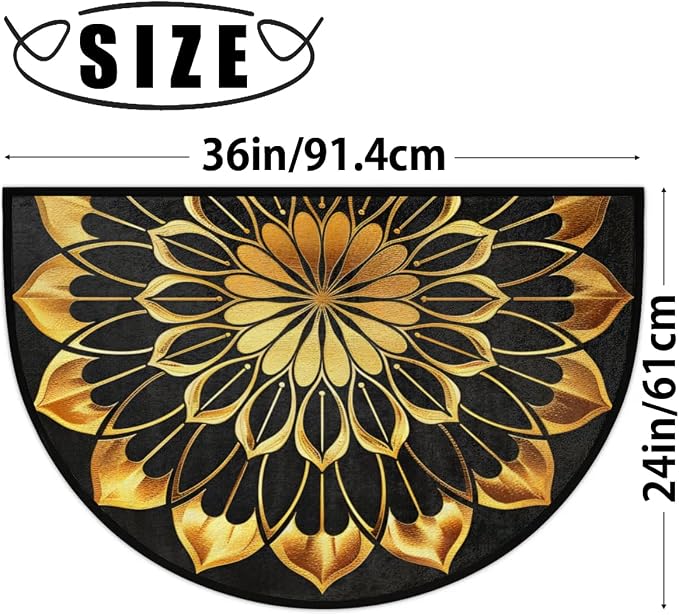 Mandala Golden Half Round Door Mat Semi Moon Rug Fireplace Carpet Area Rugs | Mandala Golden Non Slip Absorbent Half Circle Mat Carpet for Indoor Outdoor Patio Kitchen Bathroom Entryway Home Decor