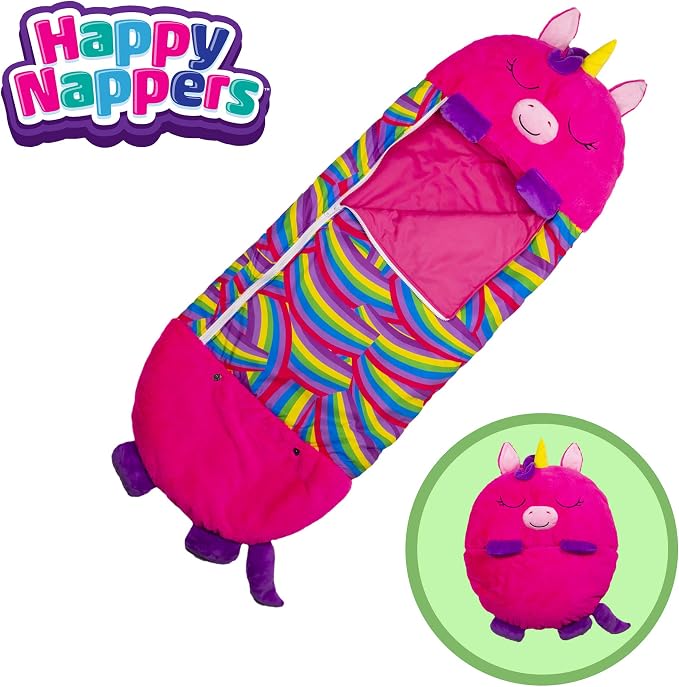 Happy Nappers 2-in-1 Pillow & Sleepy Sack Pink Unicorn, 54x20 Medium | Plush animal opens into a cozy sleeping bag for kids ages 3 and up. Machine washable, soft play pillow for napping at home