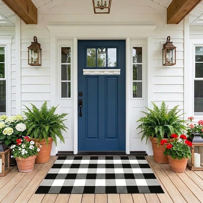 Buffalo Plaid Rug 2'4''x 3'7'' Black and White Front Door Mat Reversible Layered Porch Rug Washable Hand Woven Cotton Area Rug for Indoor Outdoor Entryway Patio Porch Decor